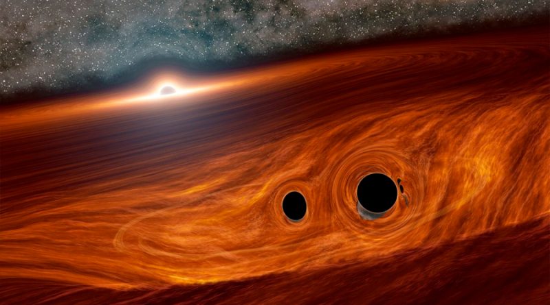 Un agujero negro supermasivo permite ver un choque entre otros dos