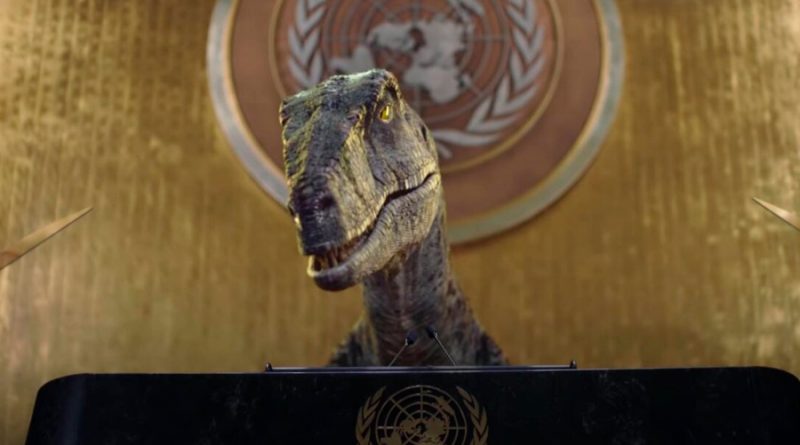Un dinosaurio parlante fue a la sede de la ONU a advertir sobre el peligro del cambio climático