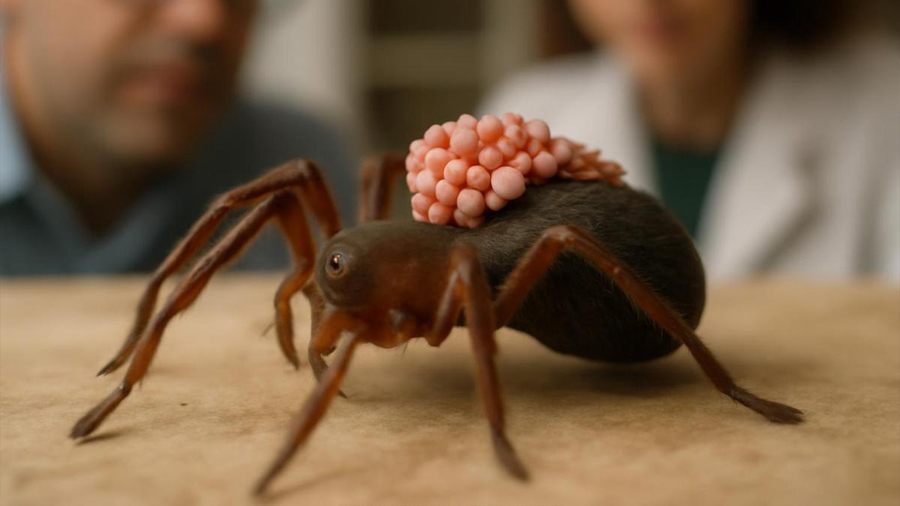 Descubren parásitos en forma de collar de perlas en una araña brasileña