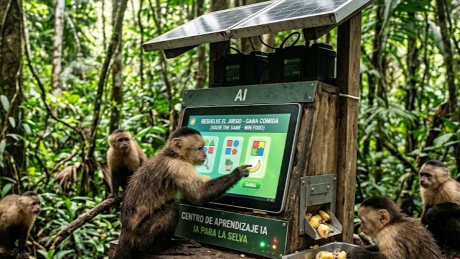 Instalaron pantalla con IA en la selva y los monos aprendieron a usarla por comida